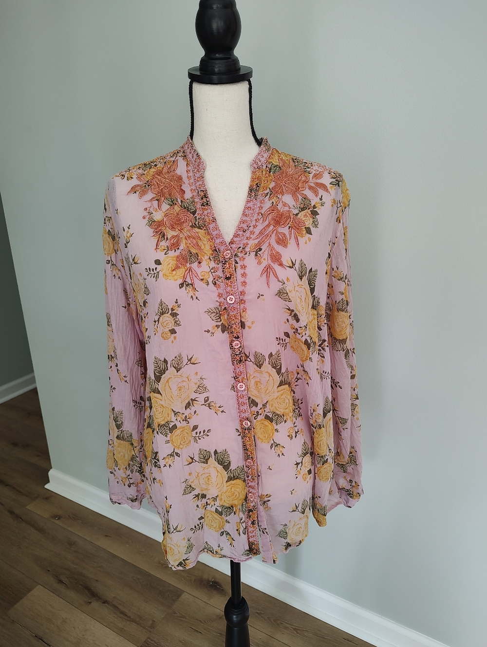 Vintage Goa Button Down Shirt Pink Yellow Floral Embroidered Roll Tab Boho XL